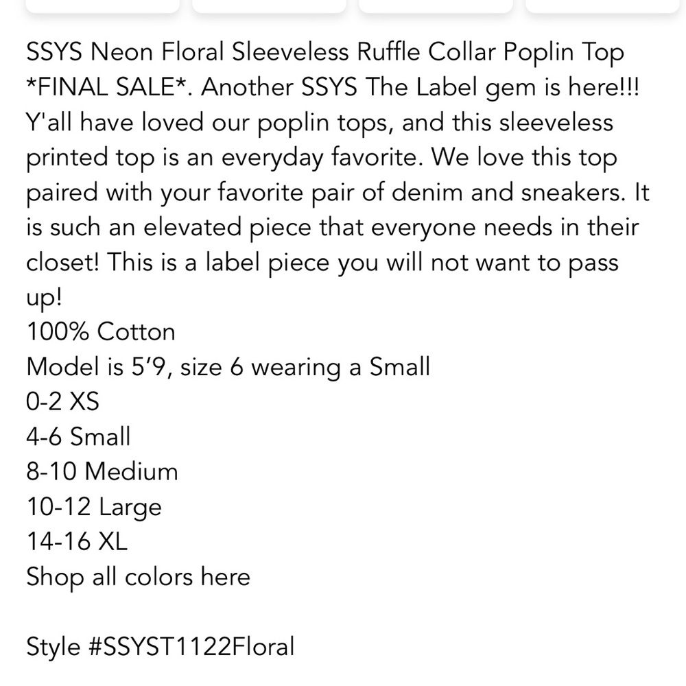 SSYS Neon Floral Sleeveless Ruffle Collar Poplin Top - Picture 5 of 5